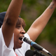 Diamond Reynolds, girlfriend of Philando Castile, speaks to a crowd outside of J. J. Hill Montessori School during a memorial on July 7, 2016 in St. Paul, Minnesota. Photo: Getty